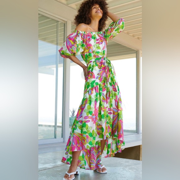 Trina Turk Dresses & Skirts - Trina Turk Off the Shoulder HighLow Floral Vibrant Multicolor Silk Dress Size S